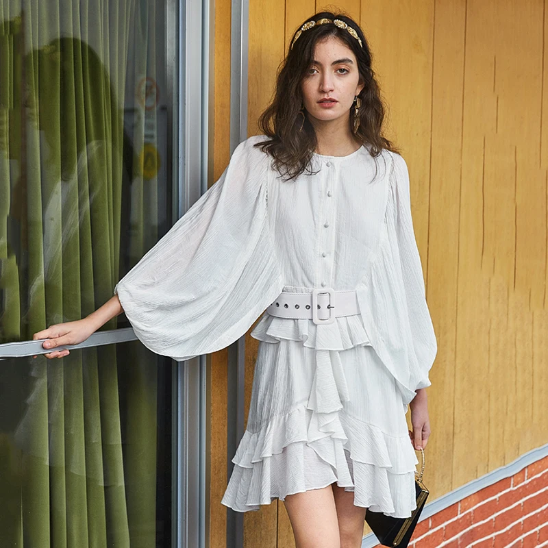 [EAM] Women Orange Ruffles Split Joint Dress New Round Neck Long Lantern Sleeve Loose Fit Fashion Tide Spring Summer 2021 1U700 | Женская