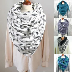 Women's Winter Thicken Warm Scarf With Button Clip Vintage Floral Printing Soft Wrap Bib Windproof Shawl Unisex Triangle Scarf