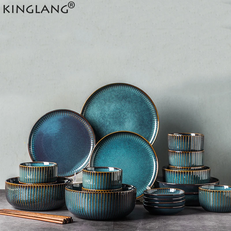 KINGLANG Северный синий набор посуды в печи глазурованная керамическая тарелка для салата из риса круглая тарелка набор посуды|Блюдца и тарелки|   | АлиЭкспресс