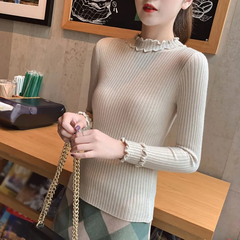 Women Sweaters Autumn Winter Knitwear Korean Half High Collar Slim Bottom White Turtleneck Plus Size Long-Sleeved Sweater | Женская