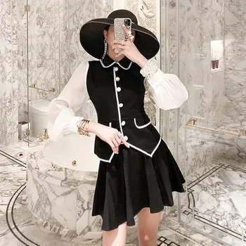 

2020 New Arrival Fashion Women Skirt Suit Long Sleeve Spliced Elasticity Cotton Zippers Shirts Pleated Black Skirt 2 Piece Set