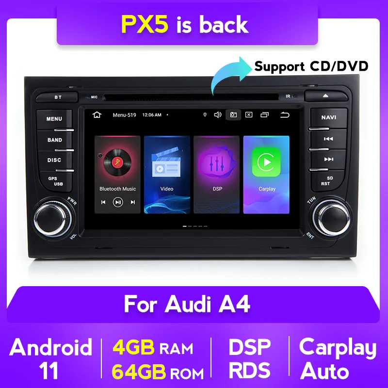 NaviFly Android 11 Car DSP Radio Multimedia 2Din DVD BT For Audi/A4/S4