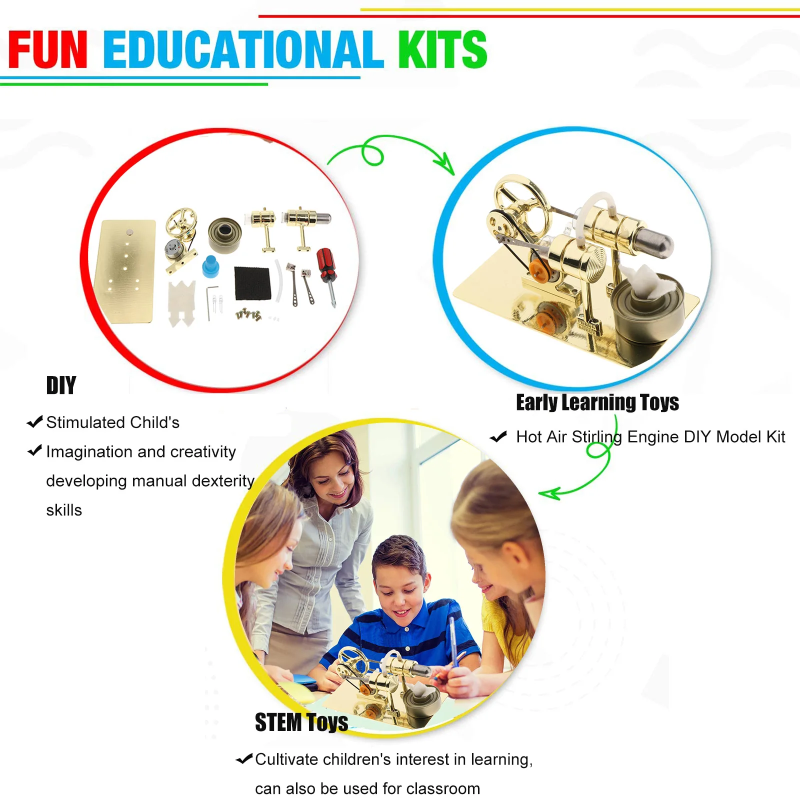 Steam Stirling Engine Generator Model Electricity Toy DIY for Children