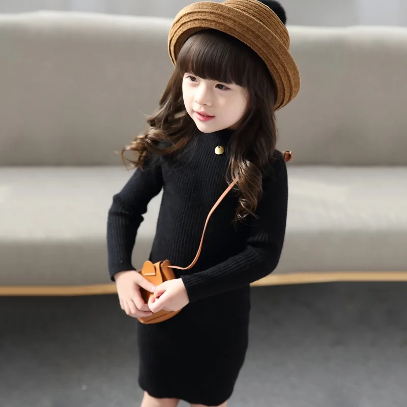

Girls Mid-length Sweater Korean-style 2019 New Style Children Black And White with Pattern Autumn And Winter Baby Girls Base Shi