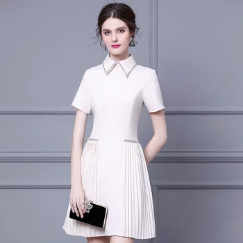 

zhi li French Dress 2020 New Style Summer Young Wind Elegant Fold-down Collar ding zuan Waist Hugging Slimming Pleats Skirt