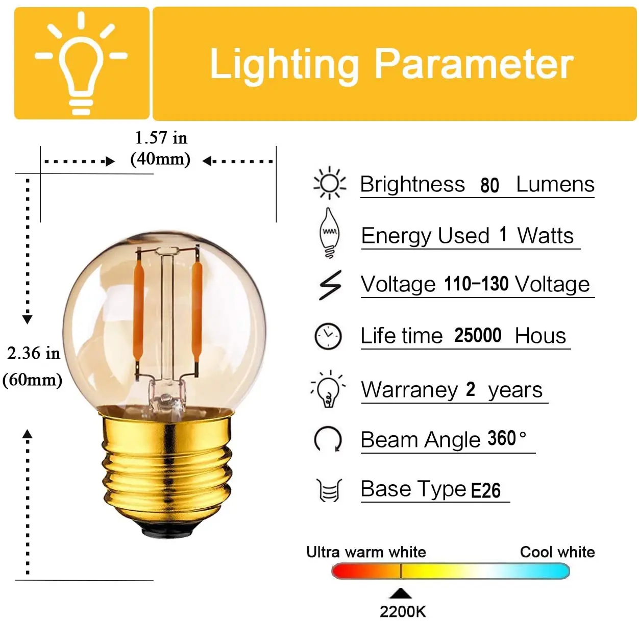 G40 LED Filament Mini Globe Ampoule E27 1W Extérieure Chaud Blanc