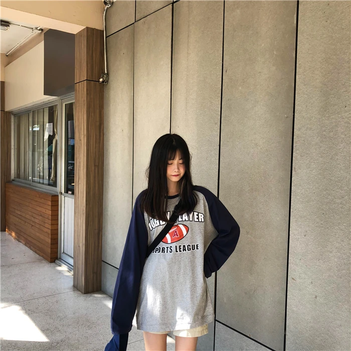 Модная футболка Femme осенние женские топы с длинными рукавами Harajuku винтажные лоскутные Футболки женские свободные футболки