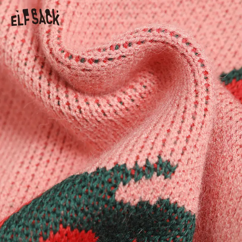 ELFSACK, розовое, клубничное, корейское, негабаритное, трикотажное платье, женская одежда, зима, белое, с длинным рукавом, милое, повседневное, Дамское Платье