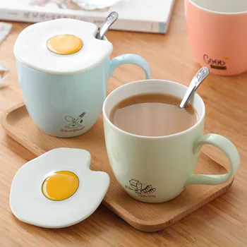 

Ins Egg Ceramics Coffee Mug Originality Lovely Milk Tea Coffee Cup Big Capacity Bring Cover Spoon Personality Drinking Mugs