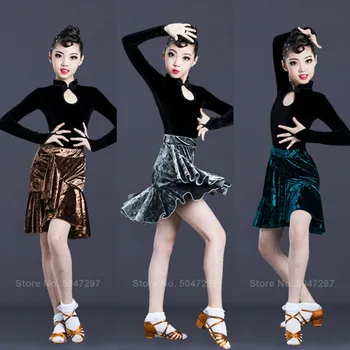 

2020 News Teenager Girls Latin Dance Costumes Velvet Elegant Full Sleeve Tops Ruffle Skirts Sets Latin Dresses Stage Performance