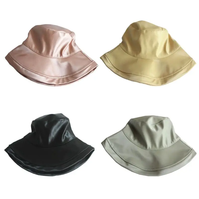 Women Autumn Foldable PU Leather Bucket Hat Outdoor Fishing Cap Sun Prevent Hats