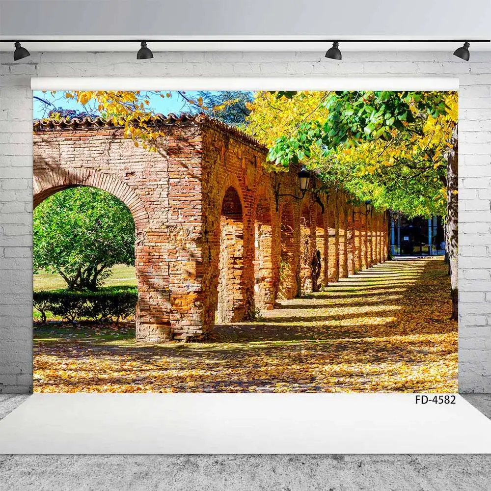 Autumn Garden Brick-Arch-Door Fallen Leaves Path Scenery Backgrounds Child Young Portrait Photography Backdrops For Photo Studio |