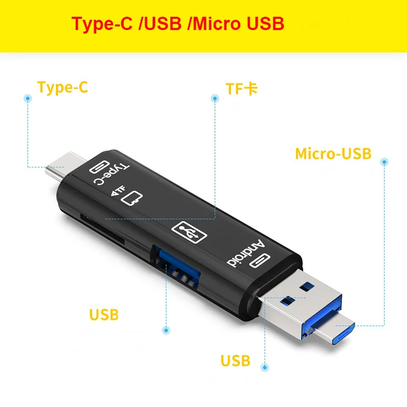 

3 In 1 Type-c Micro USB OTG Card Reader Flash Drive High-speed USB2.0 Universal TF/SD Card for Phone Computer Extension Headers