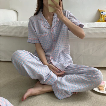 

Pijamas Women Classic Cute Plaid Sleepwear Set Two-piece Suit Summer Short Sleeve Shirt+Trousers Lapel Pocket Loungewear S814
