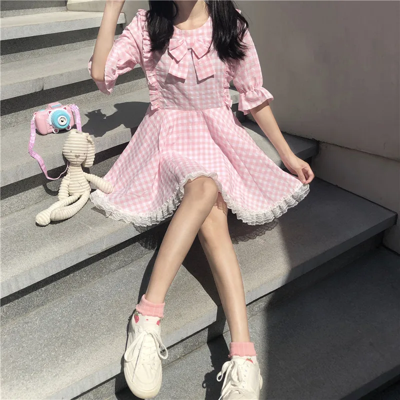Japanese Summer New Kawaii Soft Girly Pink Plaid Dress Sweet Bow Cute Lace Ruffles Puff Sleeve Dress Lace Up Bow Loose Dress