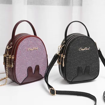 

Women portable crossbody messenger bag 2020 new fashion Sequin wild one-shoulder female PU Leather strap/metal chain phone bag