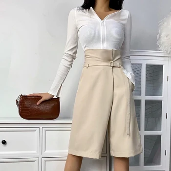 

Summer Women's Knee-length Pants Capris With Belt High Waist Wide Leg Female Trousers Fashion Casual Khaki Office Lady Breeches
