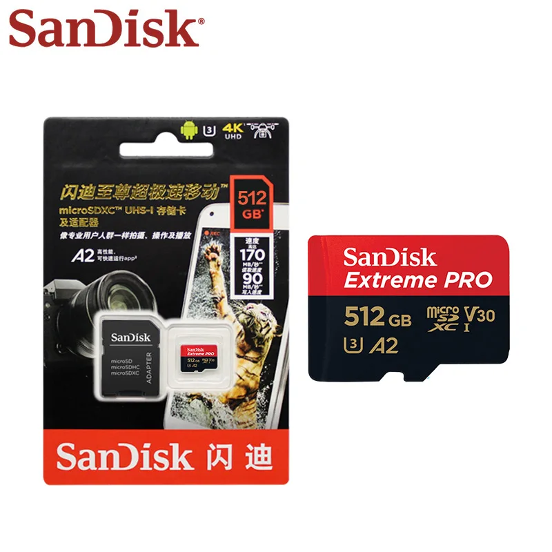 Оригинальная карта памяти SanDisk 512 ГБ до 170 МБ/с. A2 V30 Micro sd-карта Class 10 UHS-I U3 Extreme PRO карты для спортивной экшен-камеры 4K HD Камера
