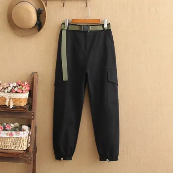 

Plus size women's 2020 spring collection new cotton stretch waist slacks belted overalls 220-pound women's pants