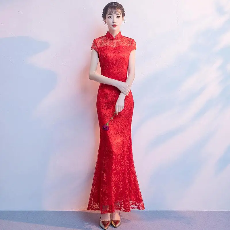 Красный китайский традиционный для женщин рыбий хвост Qipao невесты свадебное платье Элегантный кружево Мандарин воротник Cheongsam Vestidos De Festa - Цвет: Style 4
