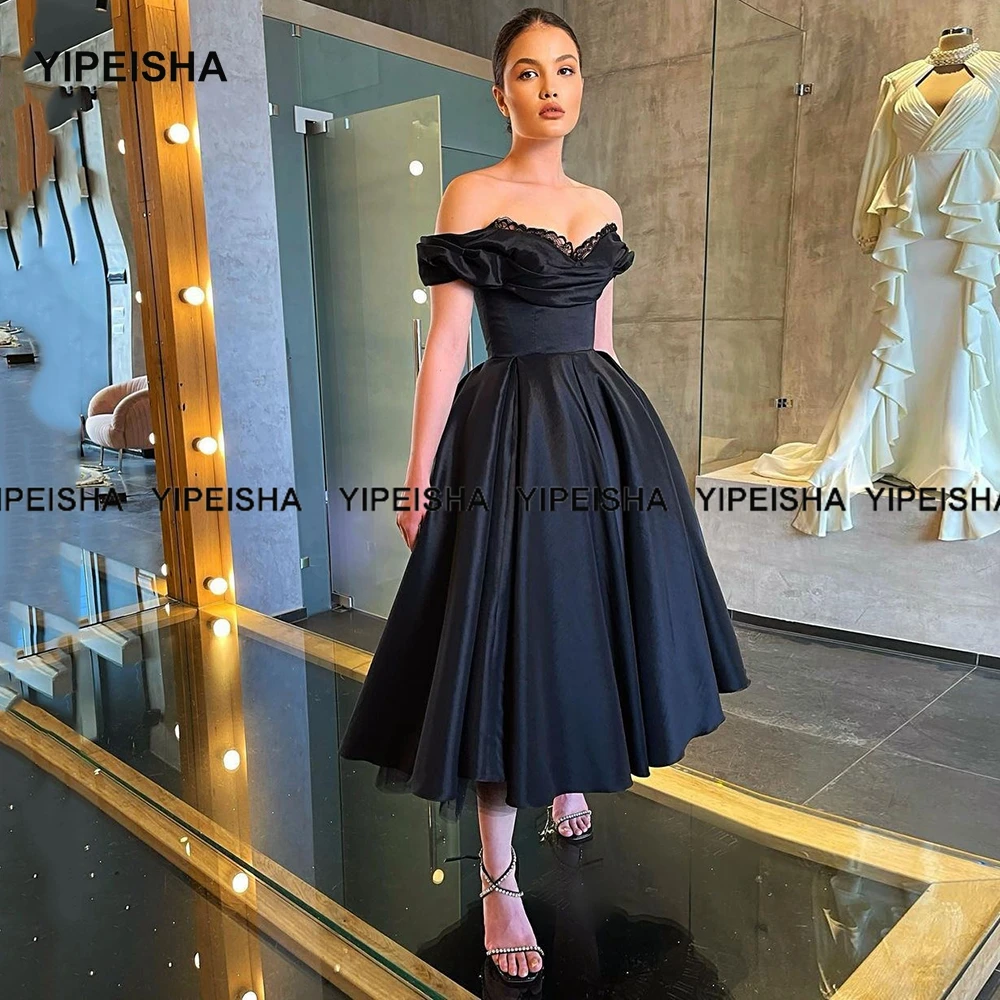 Yipeisha Vintage Little Black Dress Off-shoulder Tea Length Cocktail Party Dress A Line Taffeta Banquet Gown Robe de Soiree
