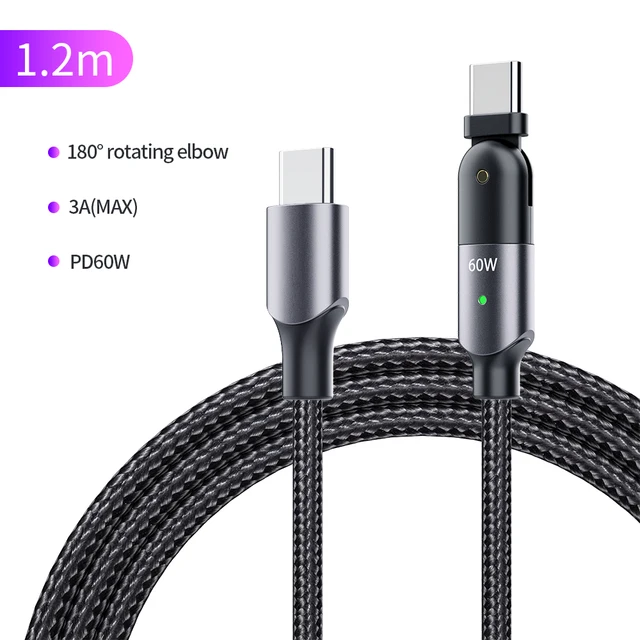 5A USB Type-C na Type-C PD kabel za brzo punjenje 60W/100W rotirajući koljeni 180 stupnjeva Type-C podatkovni kabel za Samsung Huawei Xiaomi_voghion.com