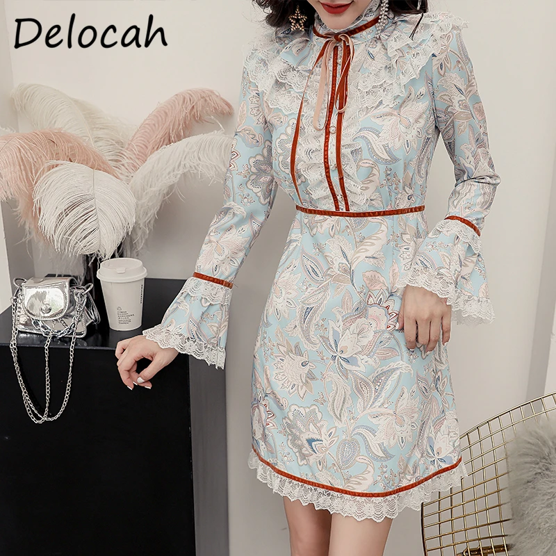 

Delocah Women Autumn Fashion DesignerÂ Party Short Dress Lace Bow Ruffles Flare Sleeve Printed Ladies A-Line Dresses vestidos