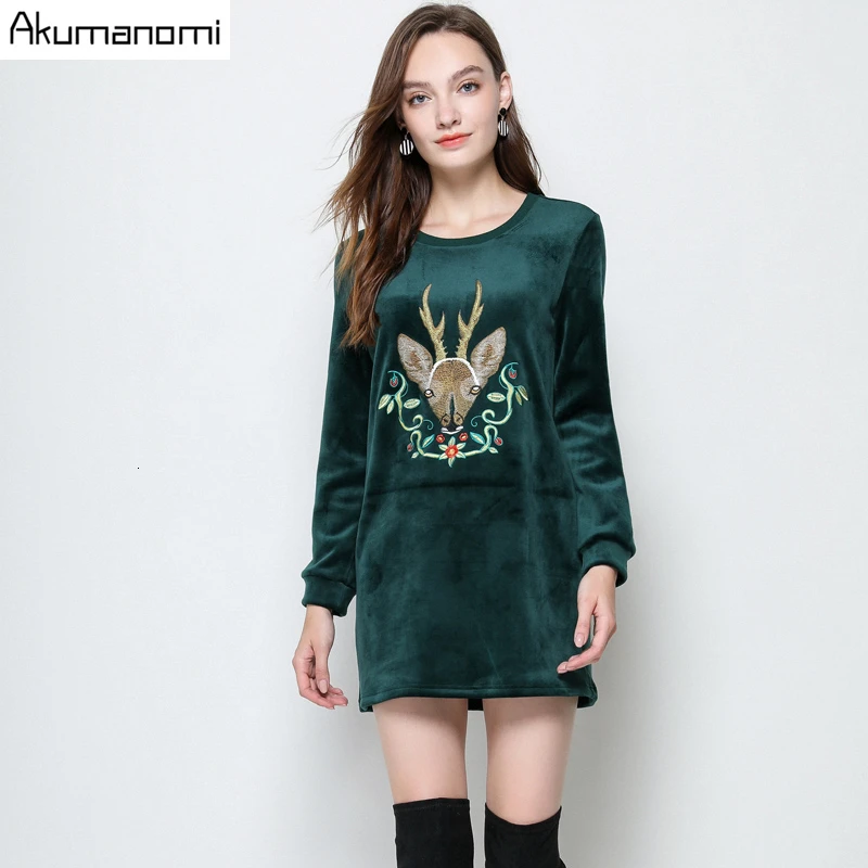 Осенне-зимнее плотное мини-платье для женщин, большие размеры 5xl-l, зеленый цвет, круглый вырез, полный рукав, вышивка, Повседневные Вечерние платья для офиса, vestidos robe
