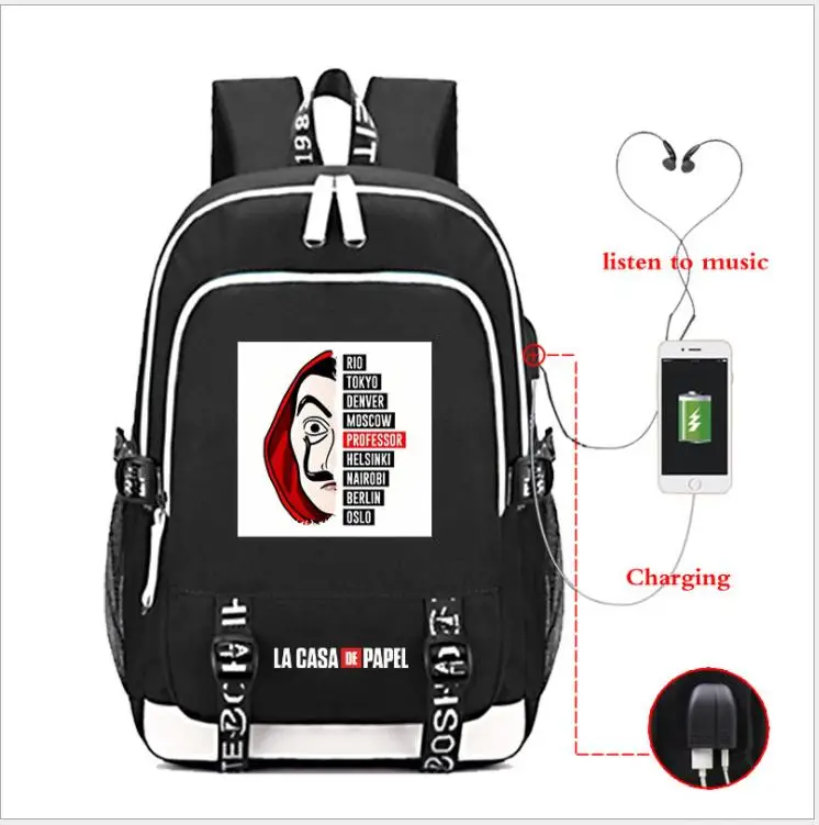 La Casa De Papel Оксфорд рюкзак usb зарядка школьная сумка бумажный дом музыка mochila рюкзак дорожная сумка рюкзак для ноутбука - Цвет: as pictures