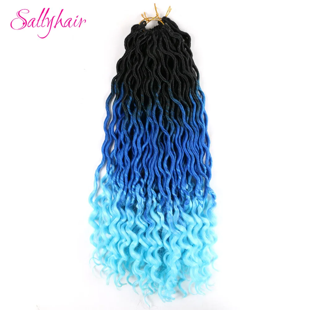 Sallyhair 24 Strands/Pack Faux Locs Curly Crochet Braids Hair Extension Synthetic Soft Ombre Braiding Hair Blue Pink Loose End