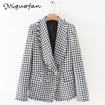 

Miguofan women plaid jackets coats elegant tassels tweed coat double breasted pockets jacket office wear female outwear tops