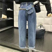 Neploe женские джинсы, новинка, Модные свободные штаны с цепочкой и карманами, повседневные Прямые Штаны с высокой талией, Осенние однотонные джинсовые штаны 47047