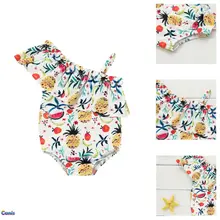 Летние детские пляжные вечерние комбинезоны с цветочным принтом для маленьких девочек; плиссированный Повседневный пляжный костюм на одно плечо с цветочным принтом; пляжная одежда