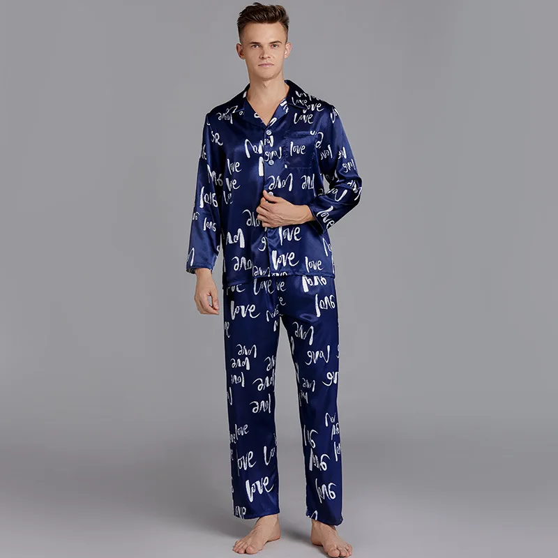 Men's 2pcs Pajamas Set Silky Satin Sleepwear Shirt&long Pants Print