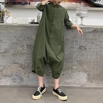 

INCERUN Fashion Men Jumpsuits Loose Solid Half Sleeve 2020 Streetwear Joggers Button Overalls Casual Drop-crotch Pants Men S-5XL