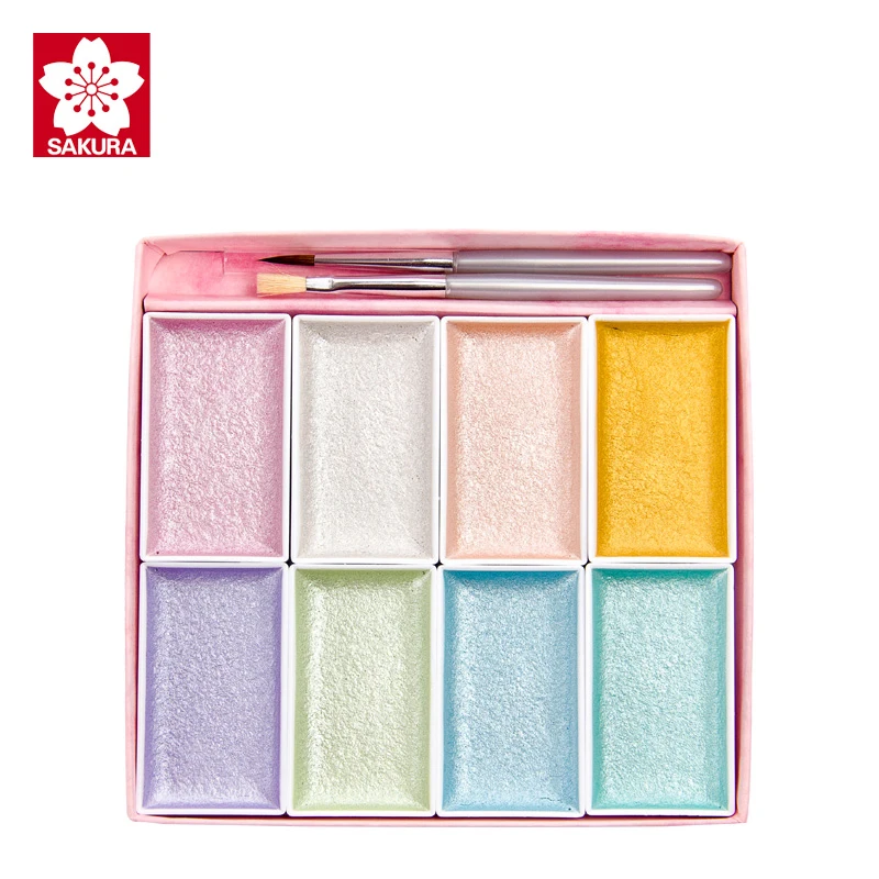 8colors-set SAKURA портативный дорожный твердый пигмент ручная роспись перламутровые акварельные краски 8 цветов Набор с Кисть художественные принадлежности - Цвет: 8colors-set