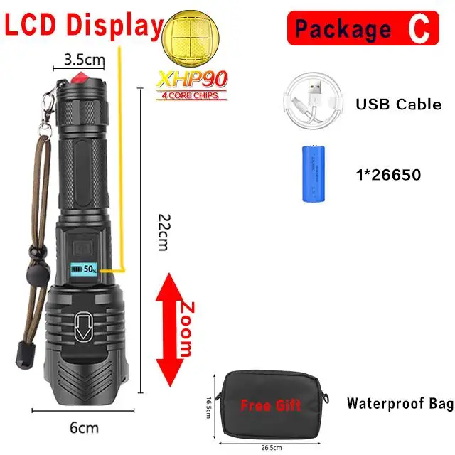 Яркий светодиодный фонарь XHP90 со встроенным смарт-чипом с ЖК-дисплеем для регулирования яркости и экономии энергии фонарь с зумом 26650 - Испускаемый цвет: C