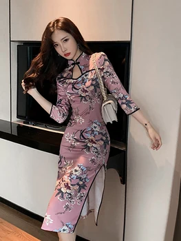 

2020 chinese dress flower printing dress oriental style qipao improved cheongsam sexy qipao party dresses nightclub uniform
