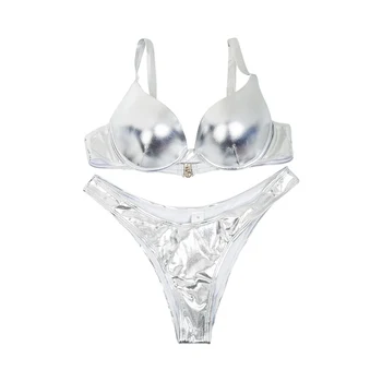 

Sexy Reflective Shiny Gold Metallic Brazilian Push Up Bikini Set 2020 Lady High Cut Swimwear Women Swimsuit Female Bathing Suit