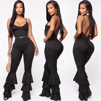 

Women Summer 2020 Rayon Bodycon Designer Bandage Jumpsuits Fashion Sexy V Neck Sleeveless Backless Sashes Ruffles Black Jumpsuit