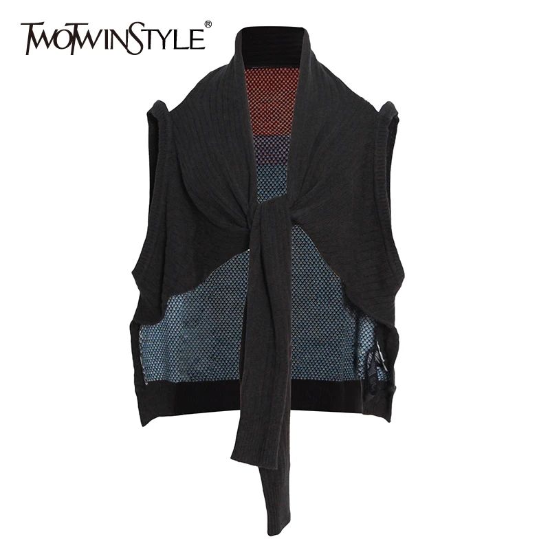 TWOTWINSTYLE-Chaquetas Llamativas con Cuello en V para Mujer, Abrigo Holgado Cordones sin Mangas, de Punto, Ropa de Otoño, 2021 - AliExpress Ropa de