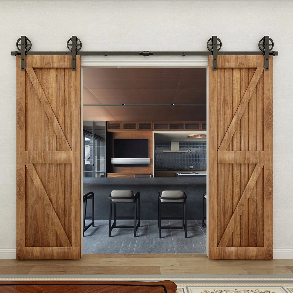 

TSMST Sliding Barn Door Hardware Rail Kit for Double Wood Doors Rail System Industrial Track Big Wheel Roller Hanger 4-20FT