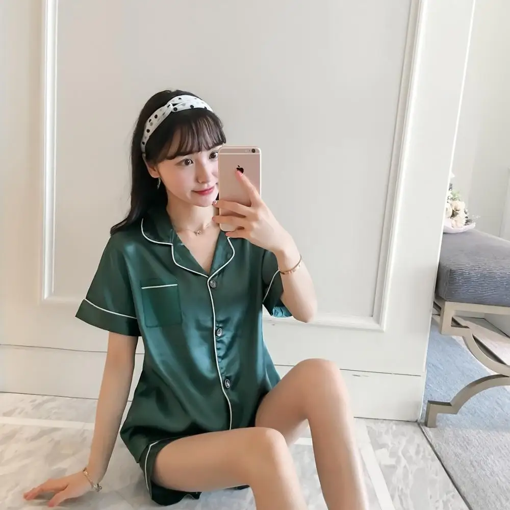 

Women Silk Pajama Sets Womens Ladies Satin Pyjama Set Silky Summer Lounge Wear Pajamas Short Sleeve Pjs solid