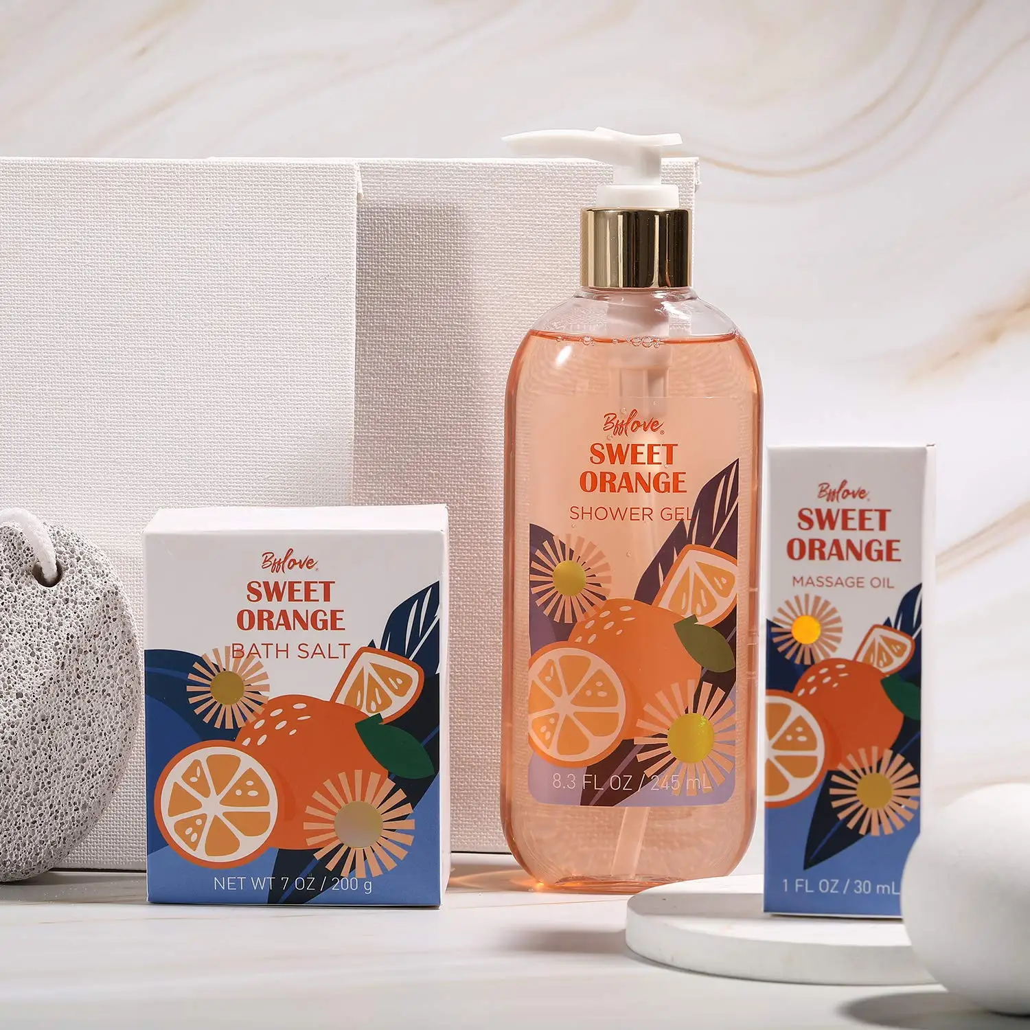 Sweet Orange Spa Gift Basket, Luxury 10pcs Bath & Body Gift Set for Women, with Foot Pumices Stone, Massage Oil 5