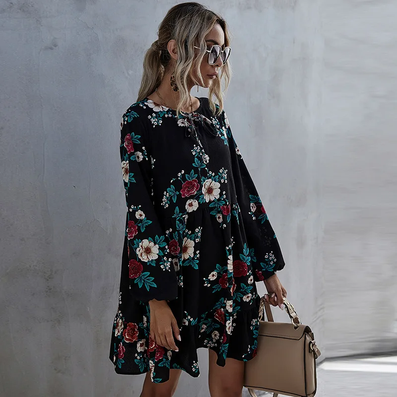2021 New Autumn Winter Ruffles Print Dress Women O-neck Full Sleeve High Waist Floral Dress Female Casual Black