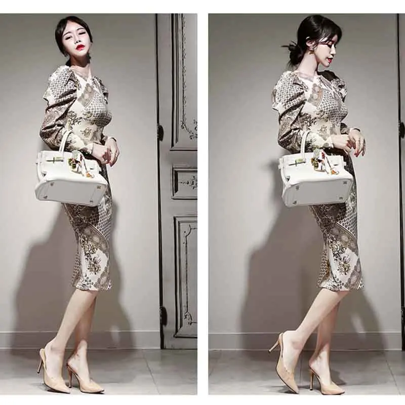 

2020 New Spring Autumn Office Lady Work Print Slim Temperament O-Neck Hollow Out Dress Women Sexy Elegant Fashion Vestido Dress