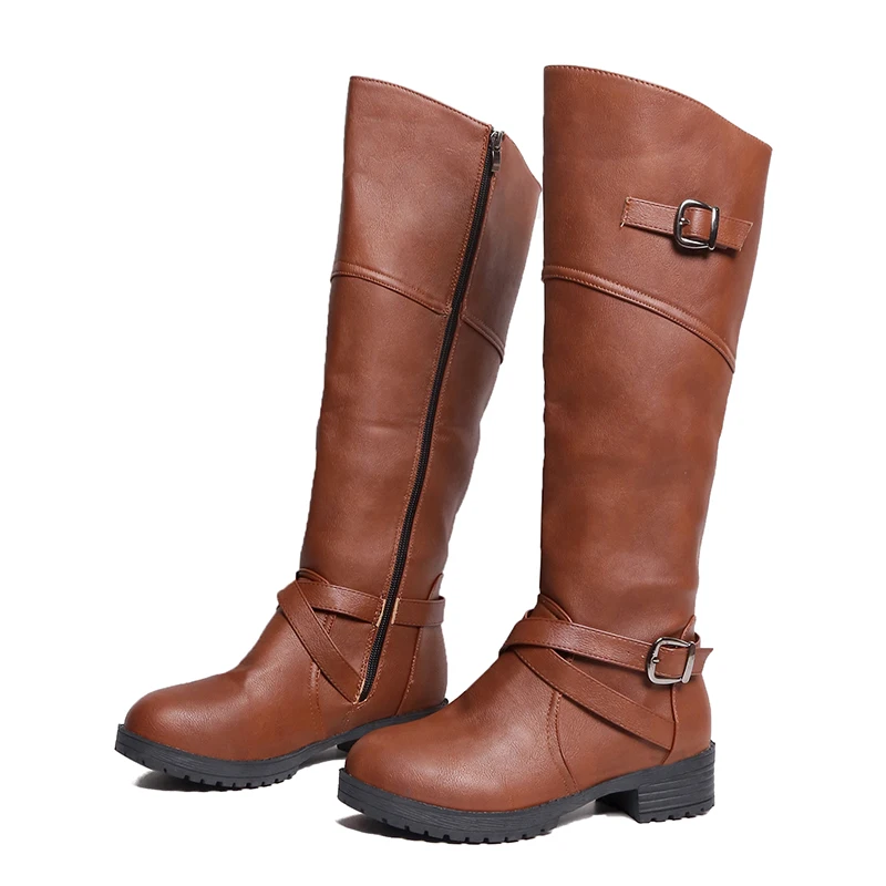 

Autumn Winter PU Leather Over-the-knee Women Boots Women botas mujer Knee High Boots Retro Buckle With Zip Snow Boots