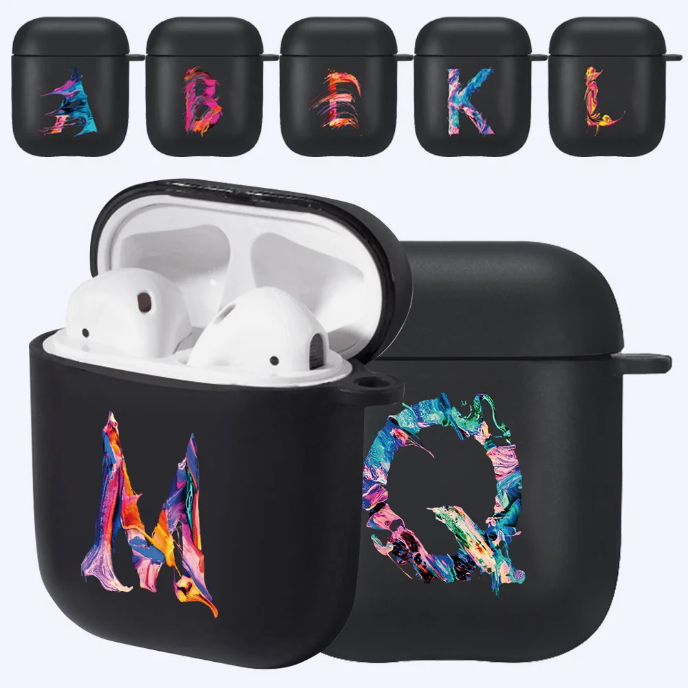 

For Apple Airpods 1st /2nd Gen Black Soft Silicone Wireless Bluetooth Earphone Cases Initial Letter pattern Headphone Cases