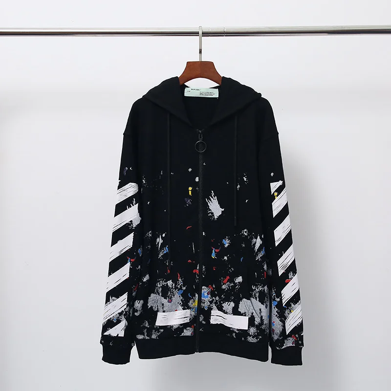 19ss Off-White OW фейерверк стрела для мужчин и женщин для влюбленных Модный хлопковый Повседневный кардиган на молнии толстовка с капюшоном Свободная куртка - Цвет: Black