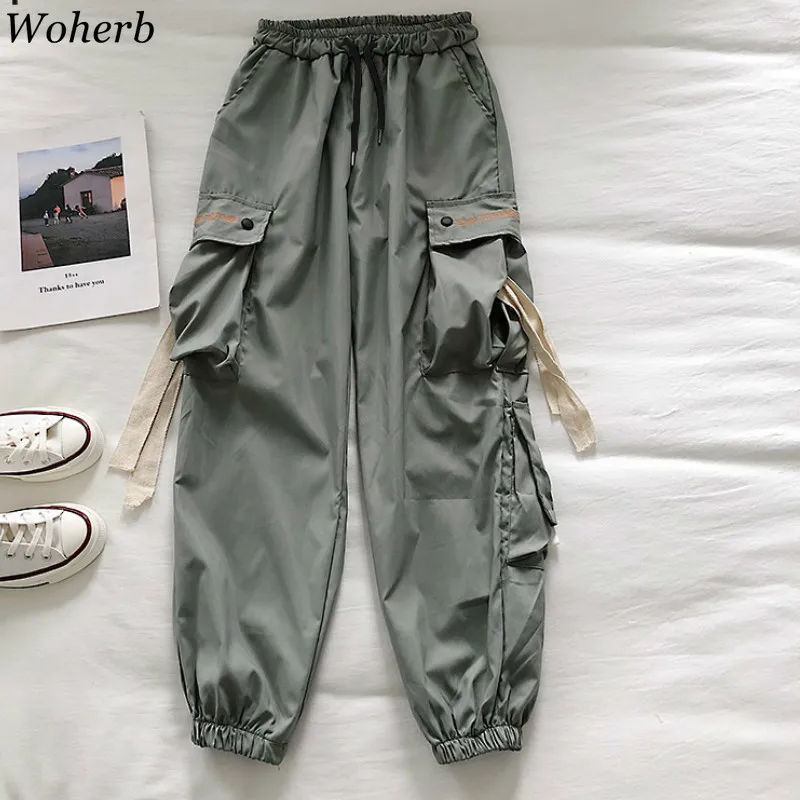 Woherb/Новинка; корейские брюки-карго с карманами и лентами; женские длинные брюки в стиле хип-хоп; повседневные свободные брюки с высокой талией; модная уличная одежда